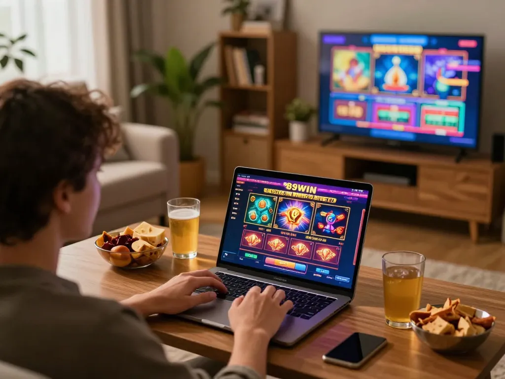 Engaging with the 789WIN online casino on a laptop in a cozy home setting, showcasing responsible gambling practices.