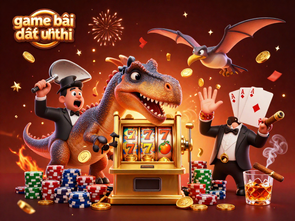 game bài đổi thưởng uy tín features a vibrant 3D scene with funny dinosaur characters engaging in a casino.