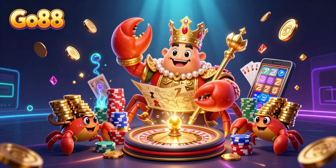 Experience Go88's vibrant casino adventure with a golden crab emperor, spinning roulette, and shimmering gems in action.