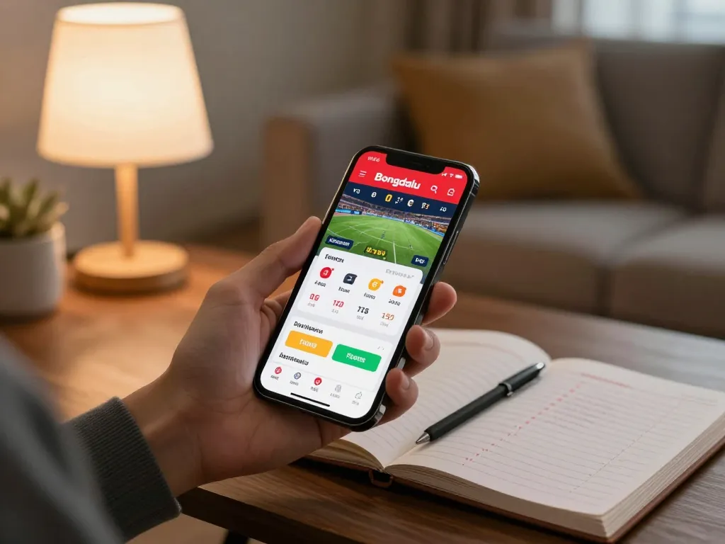 Bongdalu sports betting app showing live updates on user's smartphone during cozy home gaming session.