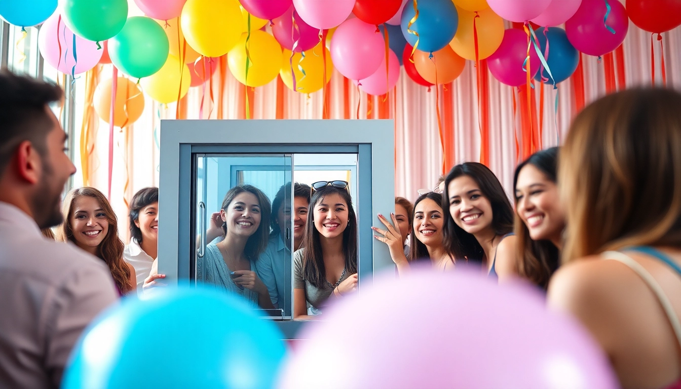 Guests enjoying a fun photo booth rental experience at a festive party.