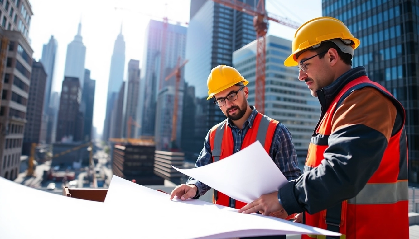 New York City General Contractor overseeing a construction project with workers and blueprints.