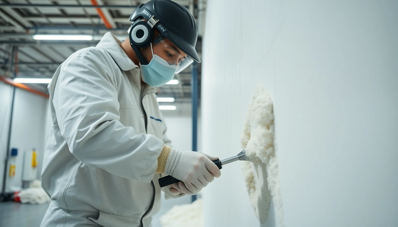 Skilled spray foam removal specialists performing foam removal from a wall, showcasing professionalism and expertise.