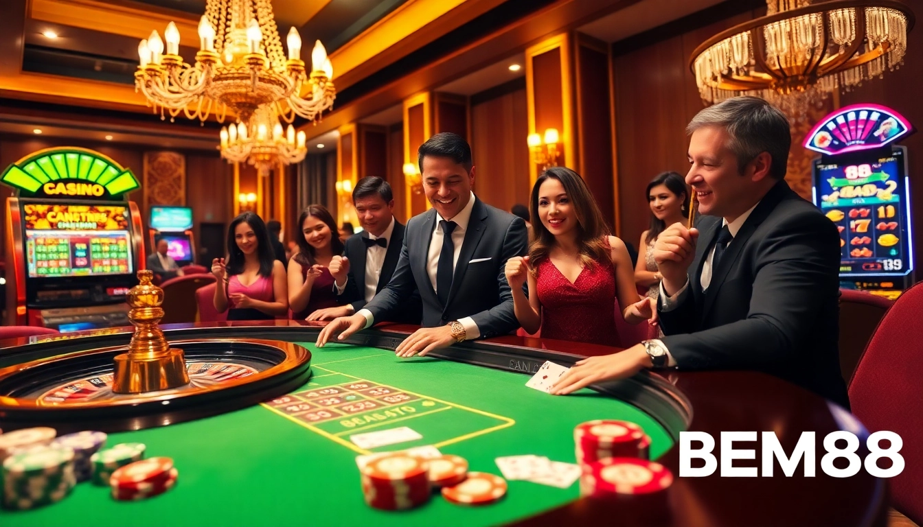 BEM88 players enjoying an exciting roulette game in a luxurious casino environment.