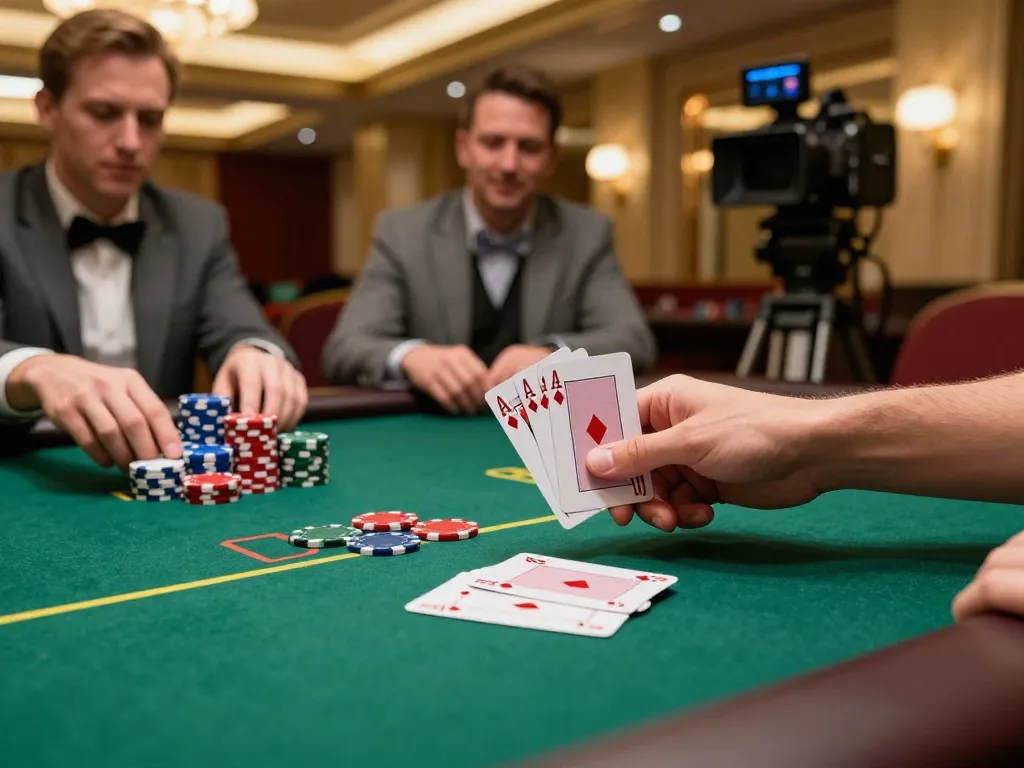 Player celebrating a win at poker table with winning hand at https://3win.blue/ casino atmosphere.