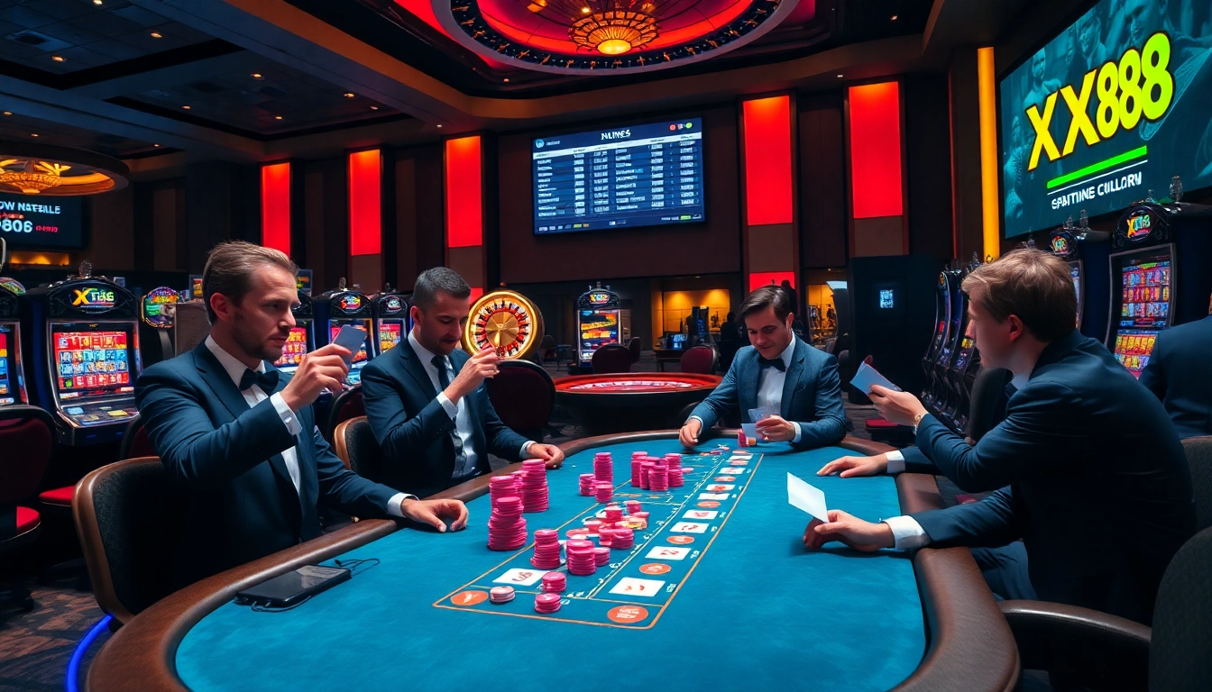 Players enjoying a poker game at XX88 casino, showcasing excitement and high stakes.