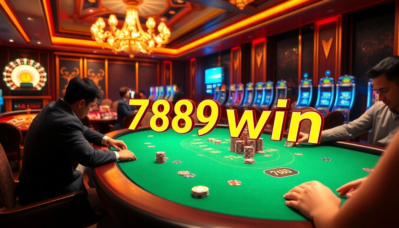 Players enjoying intense poker action at a luxurious casino table featuring 789win branding.