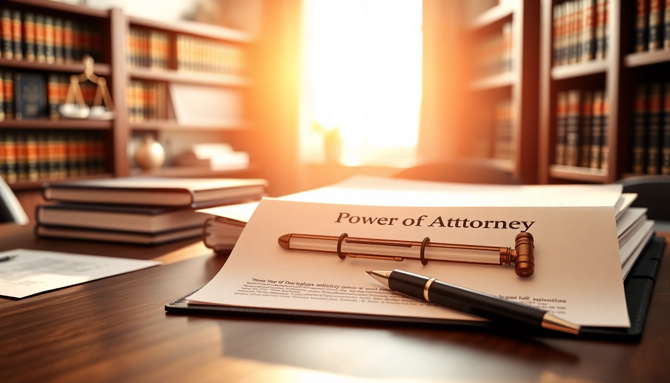 Legal documents related to Power of Attorney on a professional desk with warm sunlight.