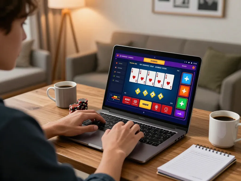 Player enjoying an online blackjack game on kk55 interface at home, focused on strategy and action