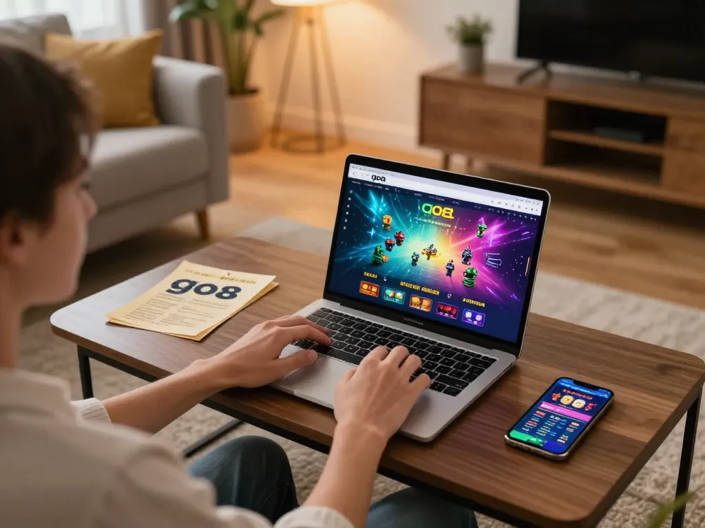 Player engaging in online gaming at trang chủ go8 on a laptop in a cozy living room