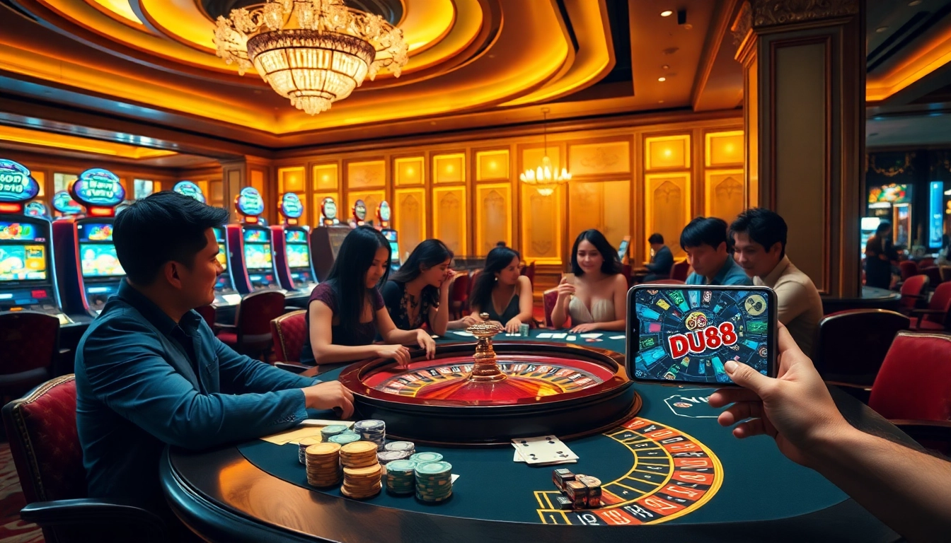 Encounter thrilling gameplay at DU88's luxurious casino, featuring roulette tables and vibrant slot machines.