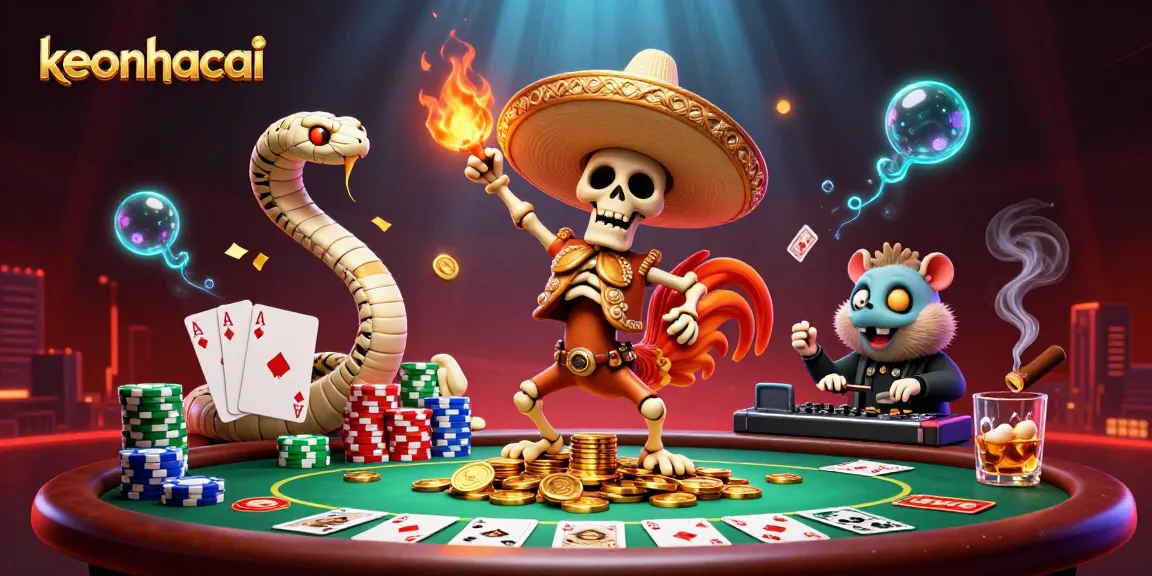 Experience the excitement at keonhacai with a vibrant 3D gaming scene featuring animated characters celebrating wins.