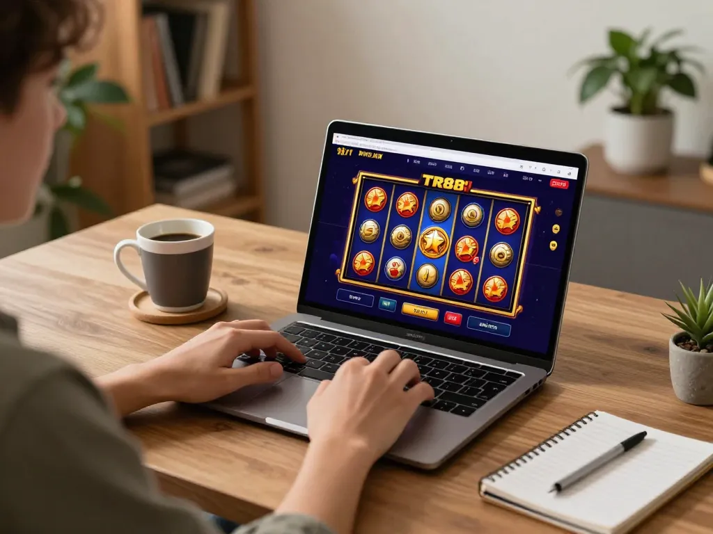 Experience excitement with TR88's engaging online casino as a player spins vibrant slot reels at home.