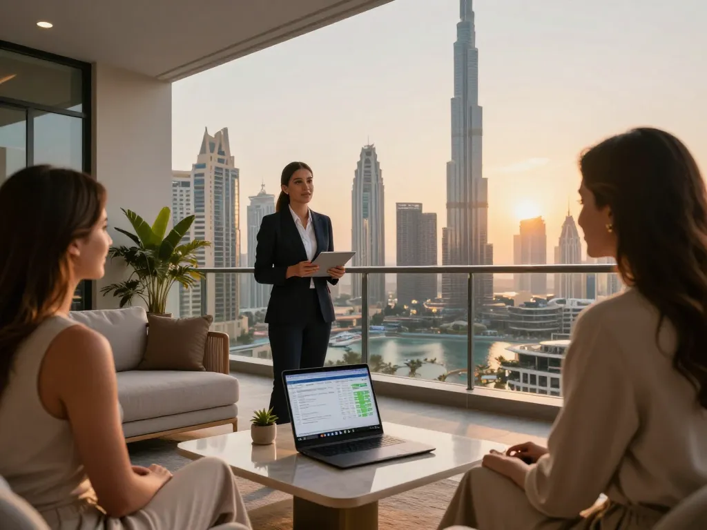 airbnb management dubai discussion on apartment balcony overlooking Dubai skyline