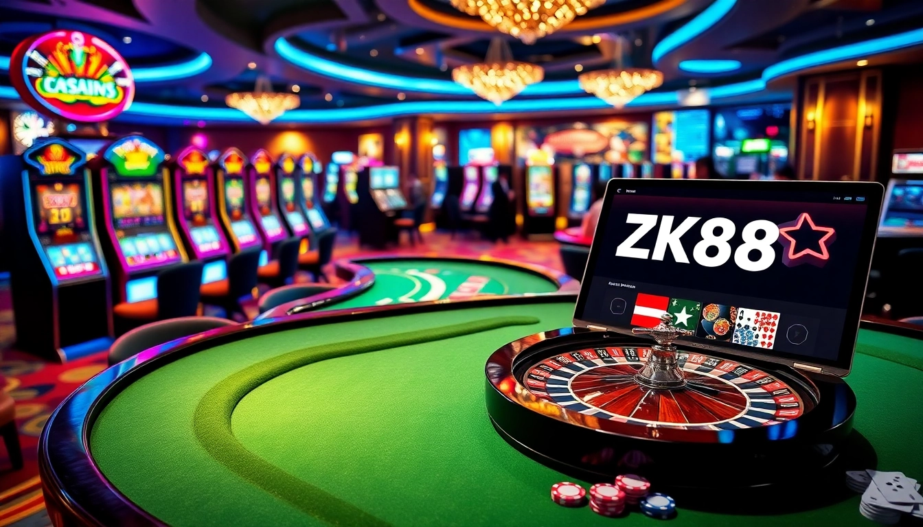 Players enjoying high stakes at the ZK88 casino, featuring slot machines and roulette tables.