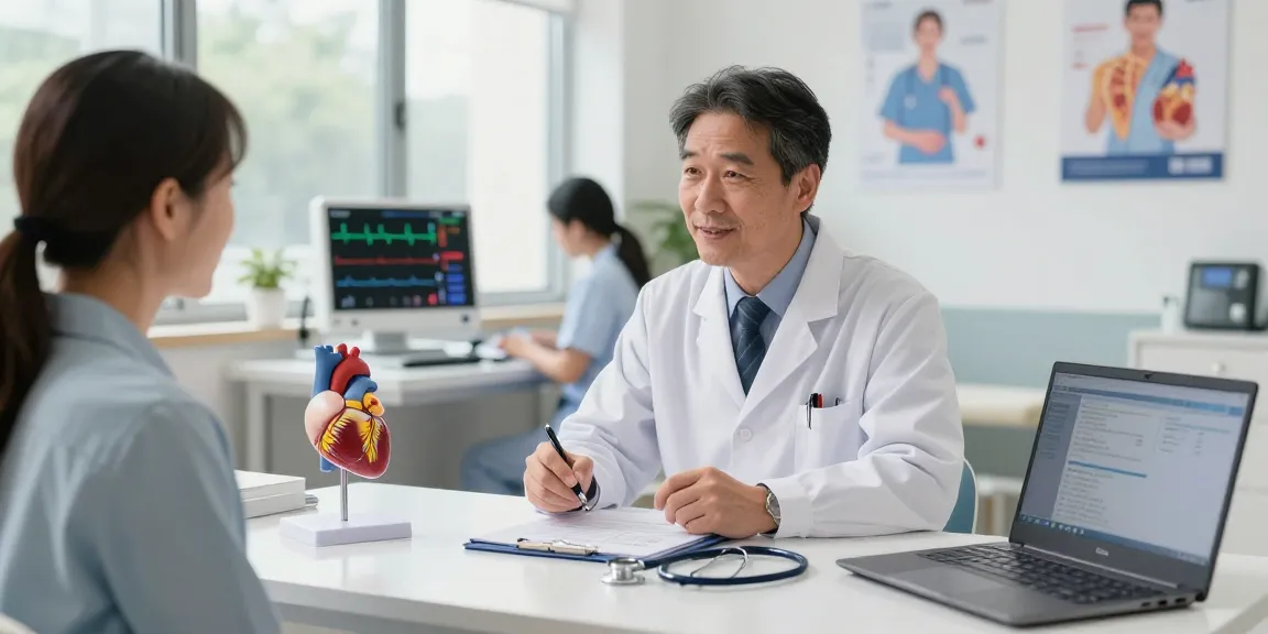 Best cardiologist in Abu Dhabi consulting with a heart health patient in a modern clinic.