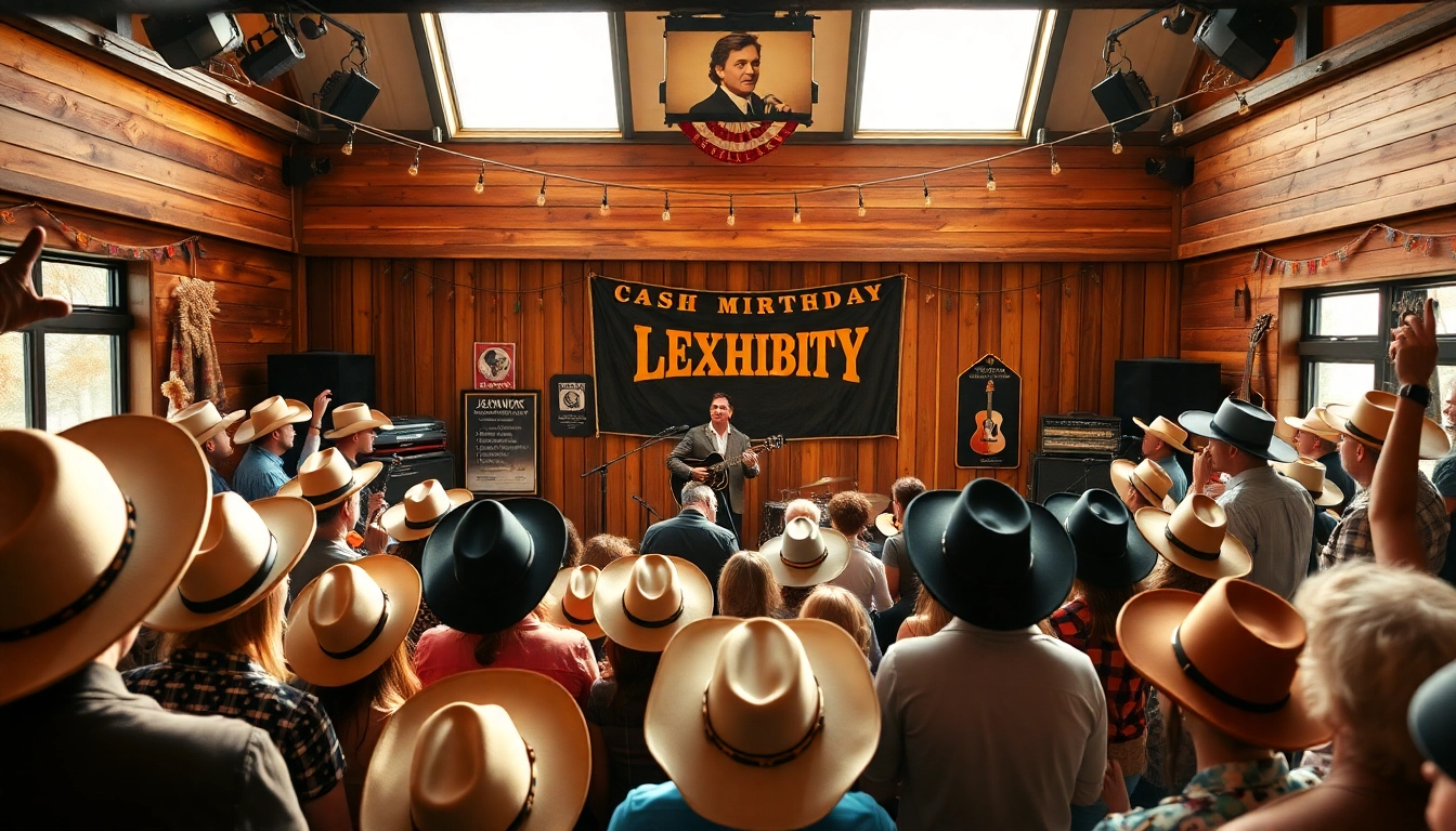 Exciting celebration scene at johnnycashbirthday.com featuring fans enjoying live music.