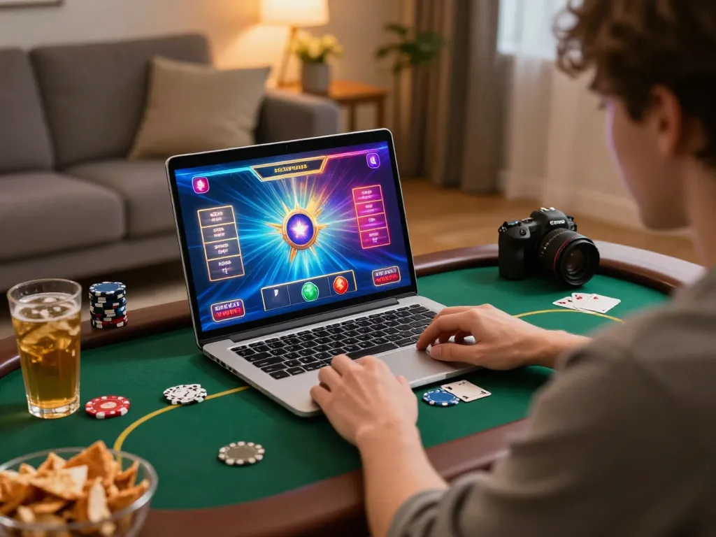 Player enjoying sc88 poker game on laptop in a cozy home setting with snacks and warm lighting.
