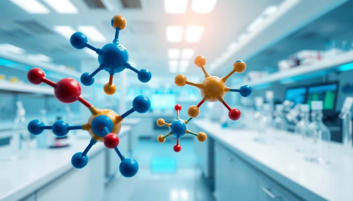 Retatrutide molecular structures in a vibrant laboratory, showcasing scientific innovation.