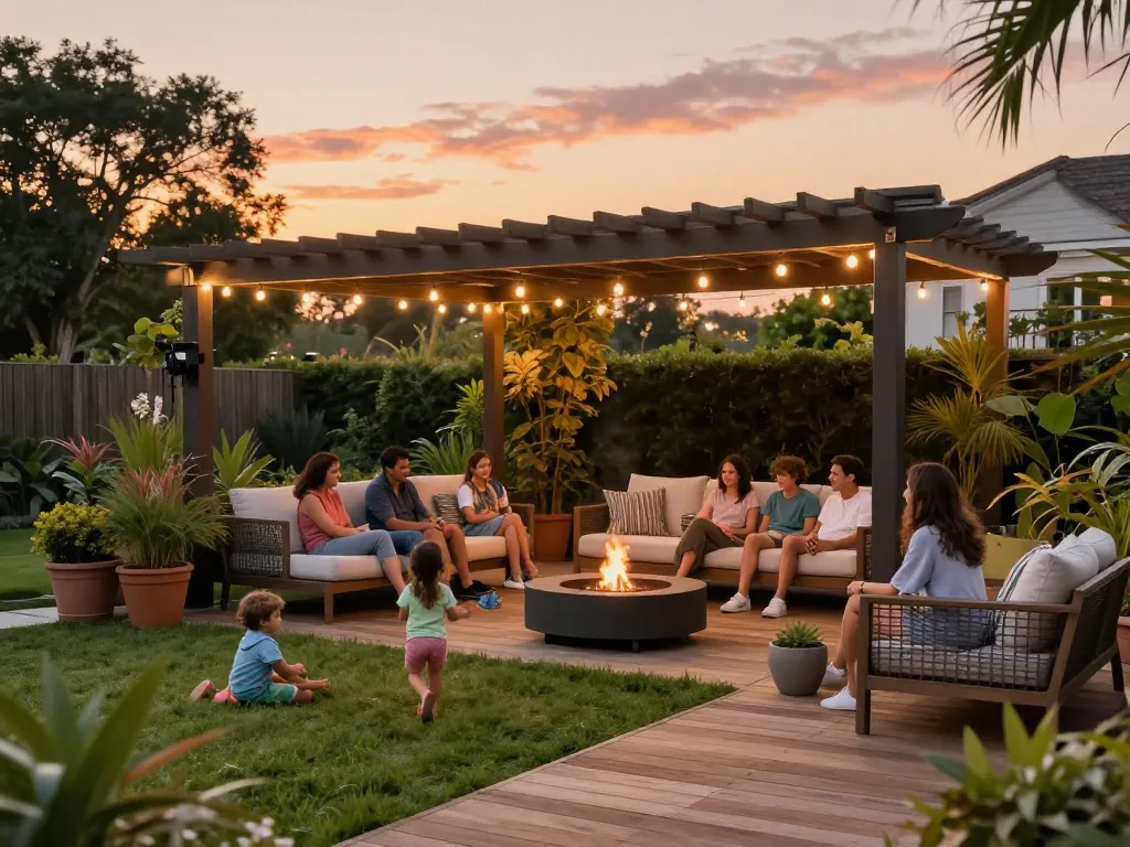 Custom pergola configurator showcasing a vibrant outdoor family gathering with cozy surroundings.