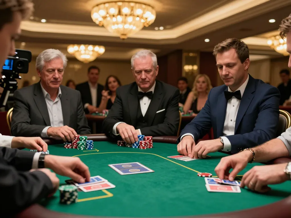 Players engaged in an intense sh bet poker game at a luxury casino table with colorful chips.