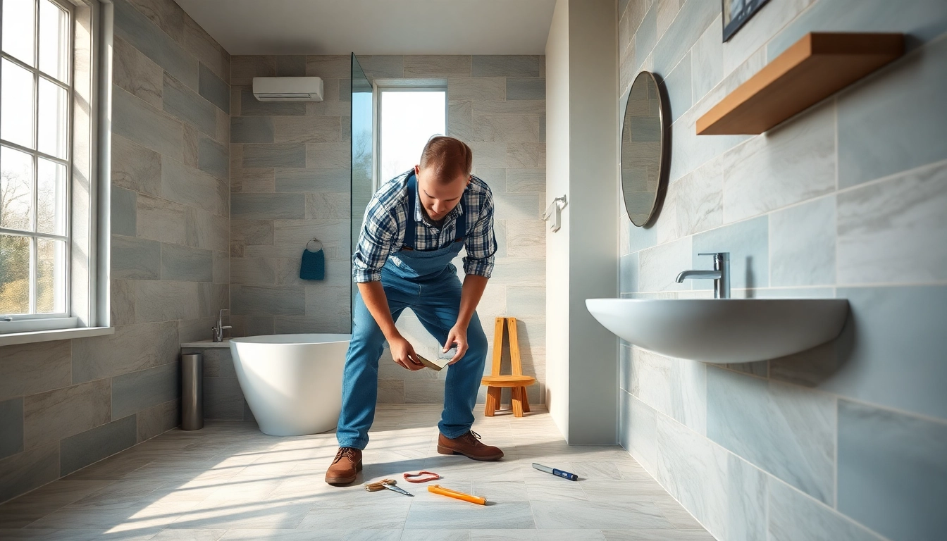 Skilled bathroom fitter Manchester adjusting tiles in a stylish bathroom.