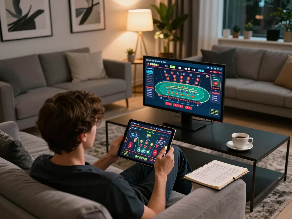 Player engages with online casino on tablet, showcasing sc8885 gameplay in a cozy home setting