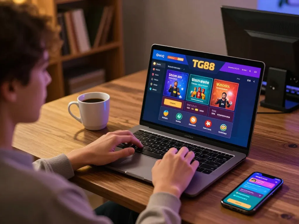 Player utilizing TG88 online casino app on a laptop for strategic gameplay and entertainment