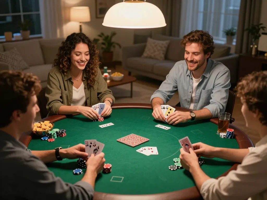 Friends share laughter while playing poker at home with nhà cái 789bet providing the gaming backdrop.