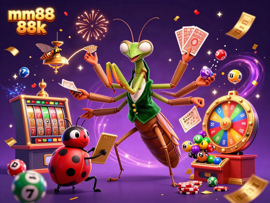 Exciting scene with mm88 88k characters celebrating casino wins, featuring vibrant 3D elements and games.