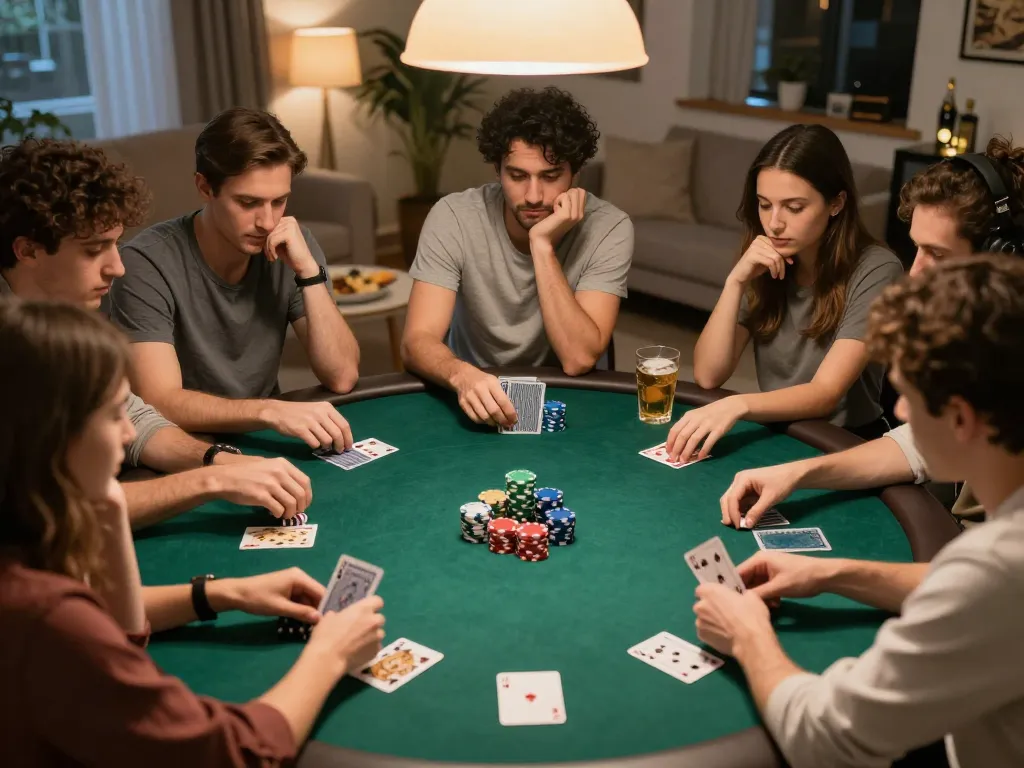 Friends playing poker in a cozy home environment, engaged in friendly competition with g28-t1 strategy.