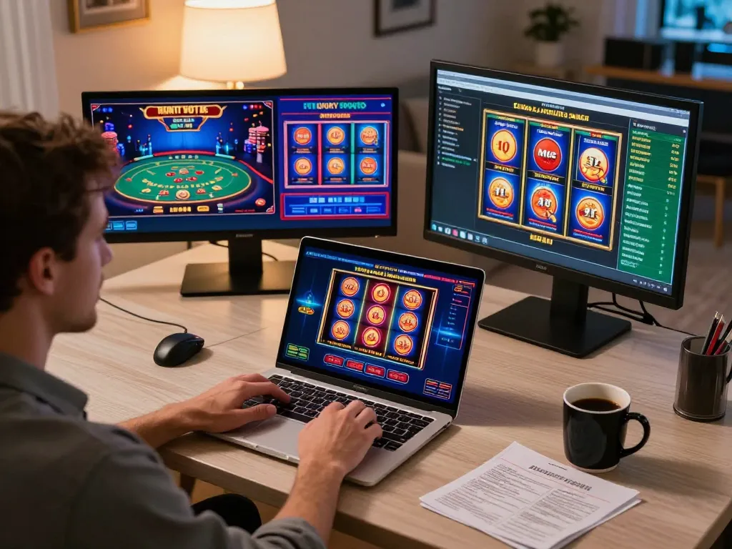 Player enjoying cm88 online casino games on laptop, highlighting live dealer and slots interface.