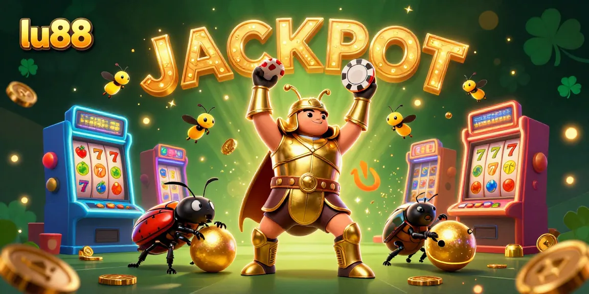 Win big with lu88 as a heroic beetle celebrates a jackpot victory in this vibrant casino scene