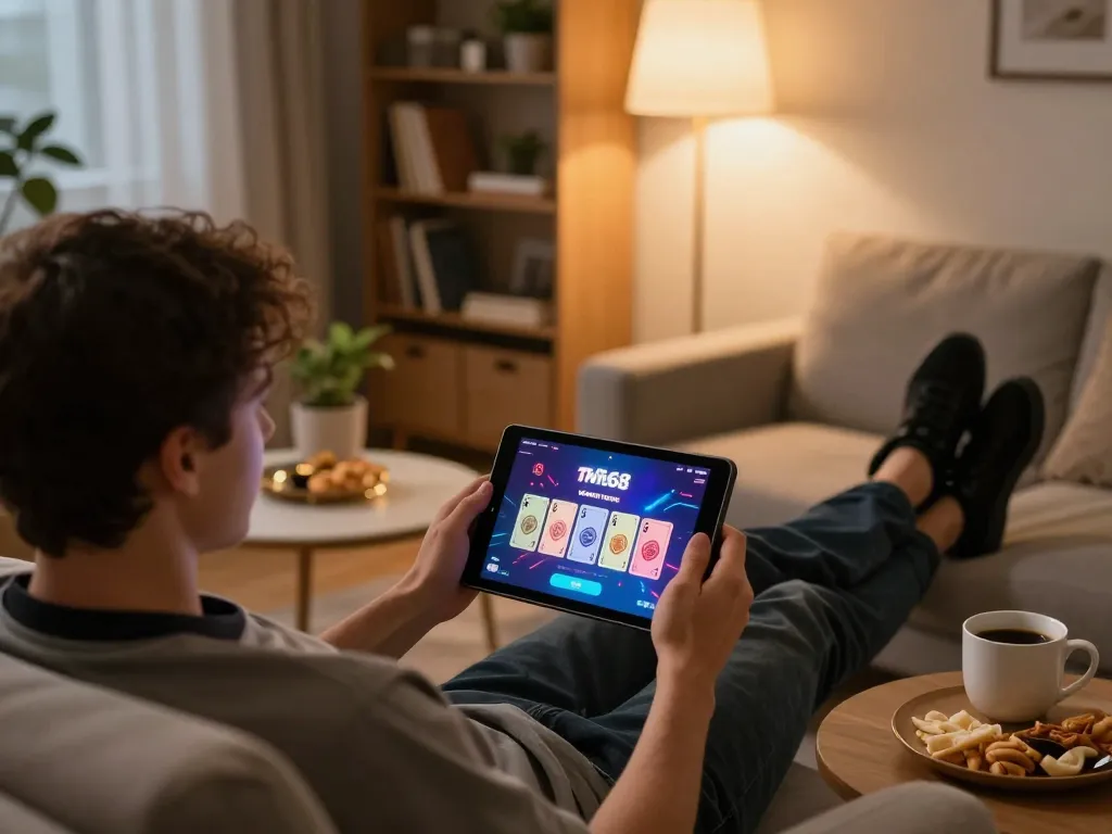 Twin68 app displayed on a tablet during a casual online gaming session at home