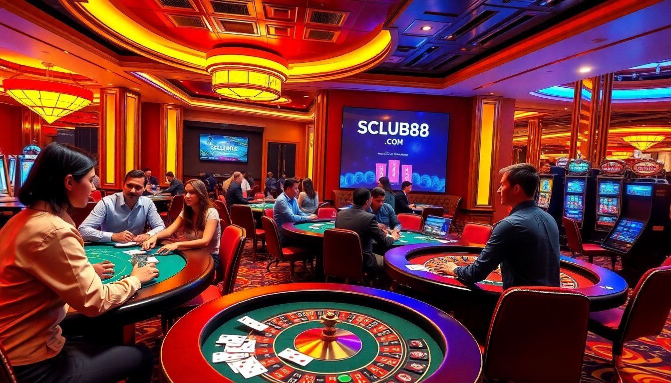 SCLUB88 COM showcases players enjoying an exciting game of blackjack in a luxurious casino.