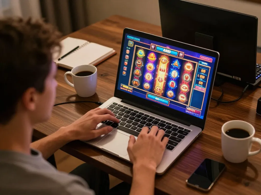 Player enjoying a vibrant slot game on 777x, showcasing online gambling excitement.