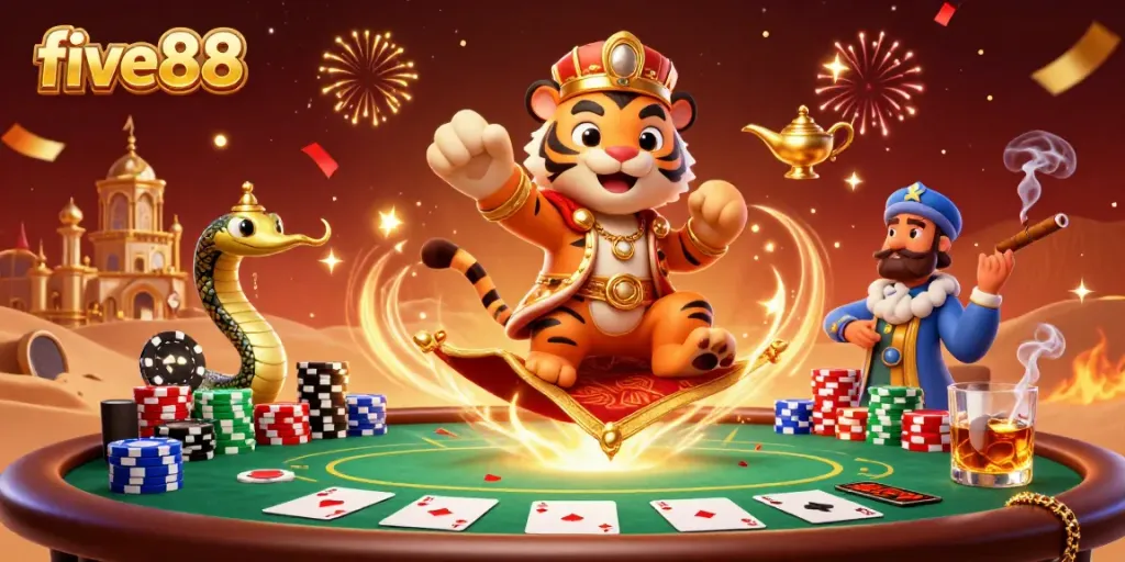 Engage with five88's thrilling casino atmosphere featuring a vibrant sultan and poker elements in a rich 3D scene.