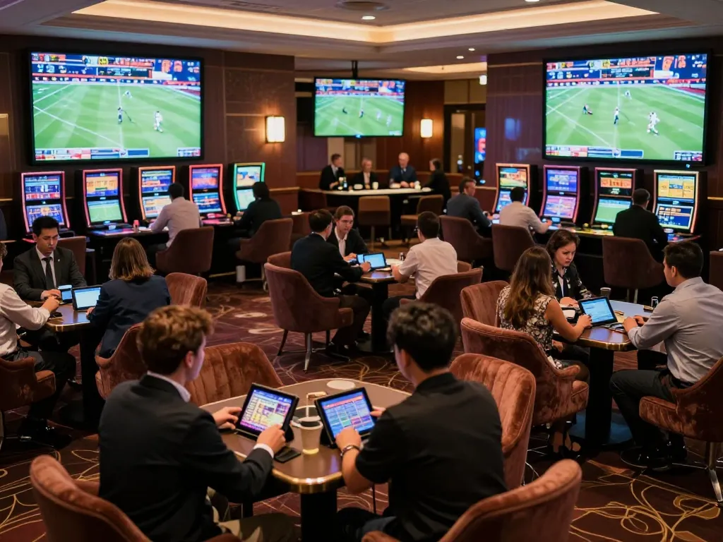 Engaged bettors utilizing the 13win platform to place sports wagers in a stylish casino setting