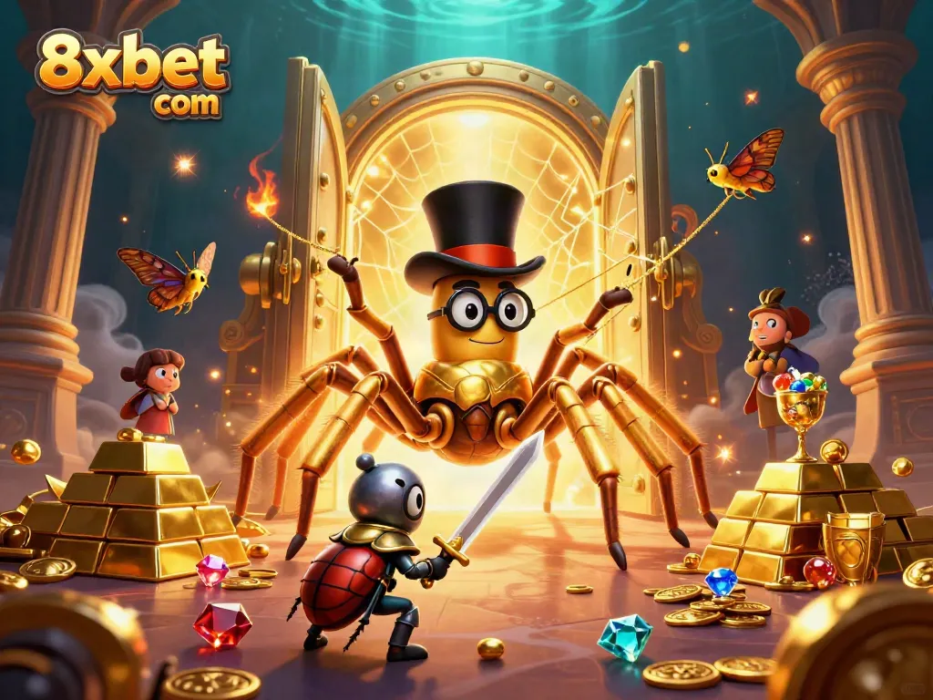 Experience the excitement of 8xbet com with a golden tarantula and beetle knight in a vibrant casino scene.
