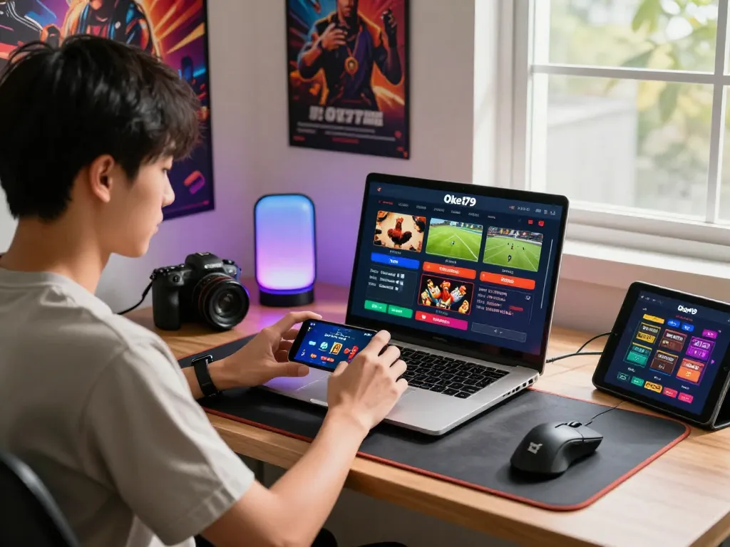 Engaged user placing bets on Oke179 online gaming platform, showcasing live betting options and a vibrant workspace.