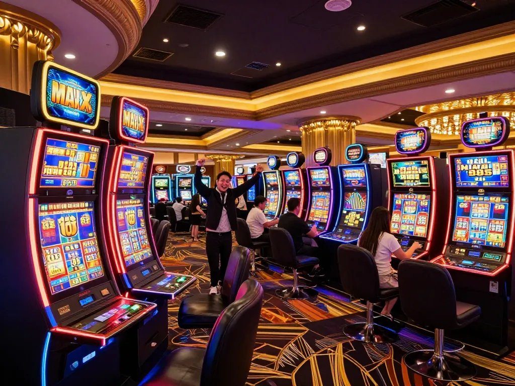 MAX 88 slot machine celebration with lively players on a luxurious casino floor