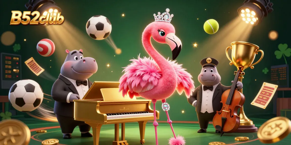B52club showcases vibrant casino energy with a lively singer and hippo musician amidst dynamic game elements.
