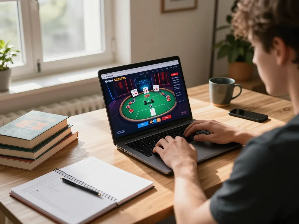 Engaging in a poker game on SHBET88 through a laptop in a cozy home office