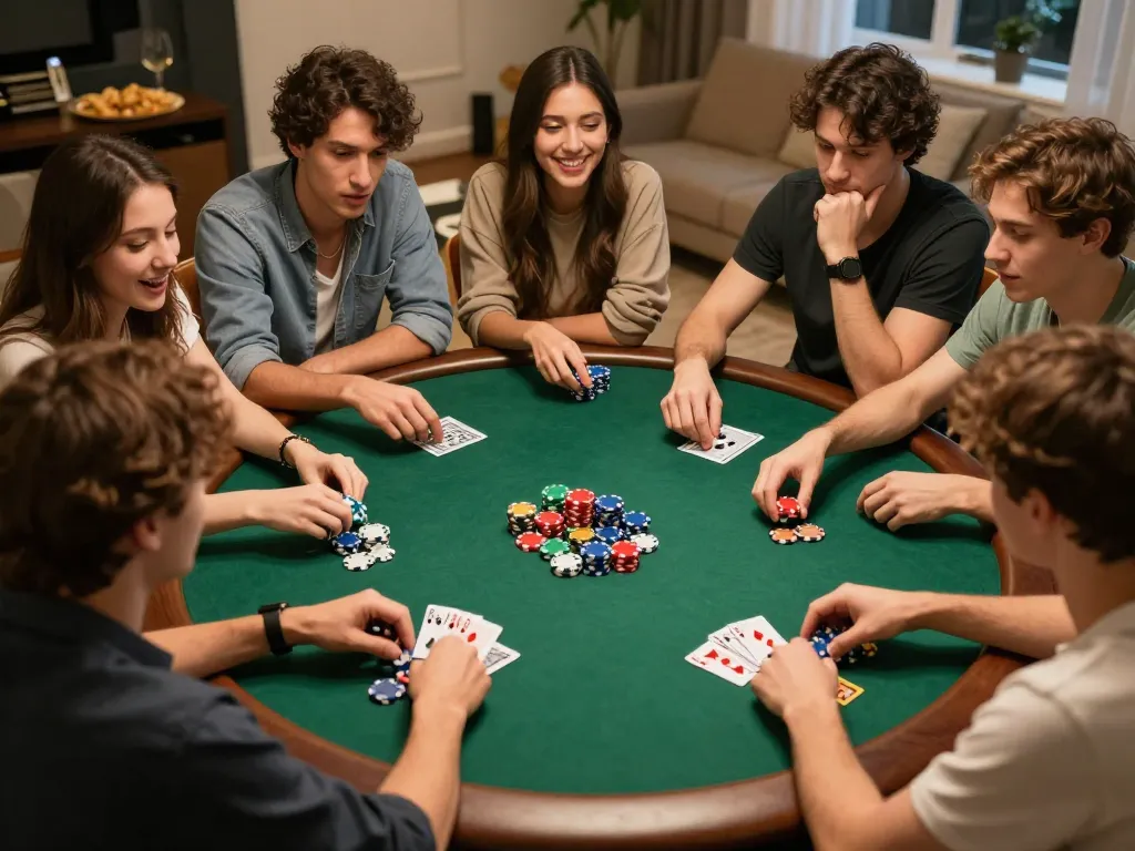 Friends enjoying a poker night scene while zumospin downloaden adds excitement to the game.