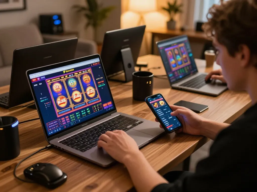 Engaging online gaming session on 77bet, showcasing vibrant casino interface on laptop and smartphone.