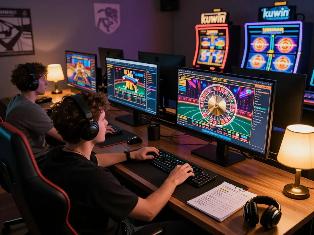 Engaging gameplay at kuwin casino with online roulette and slot machines on a multi-screen setup.