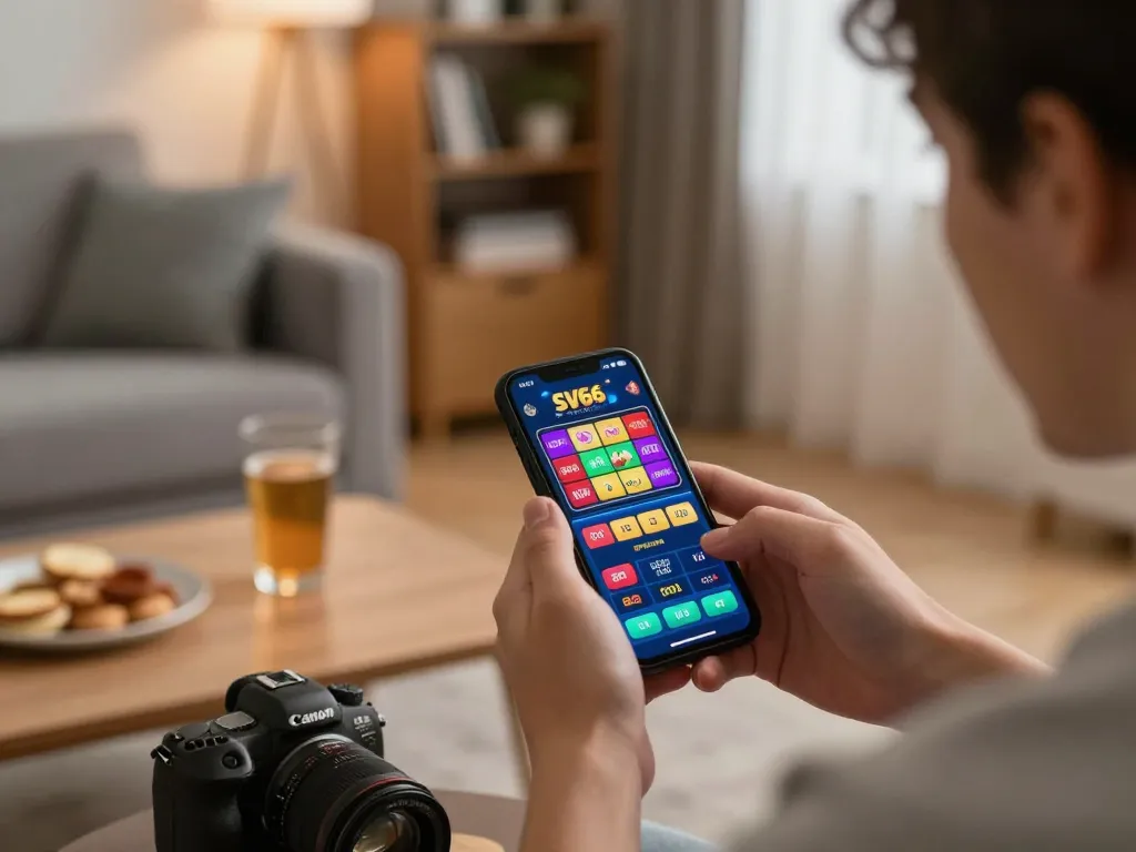 Engaging with the SV66 casino app for strategic mobile gambling in a cozy home.