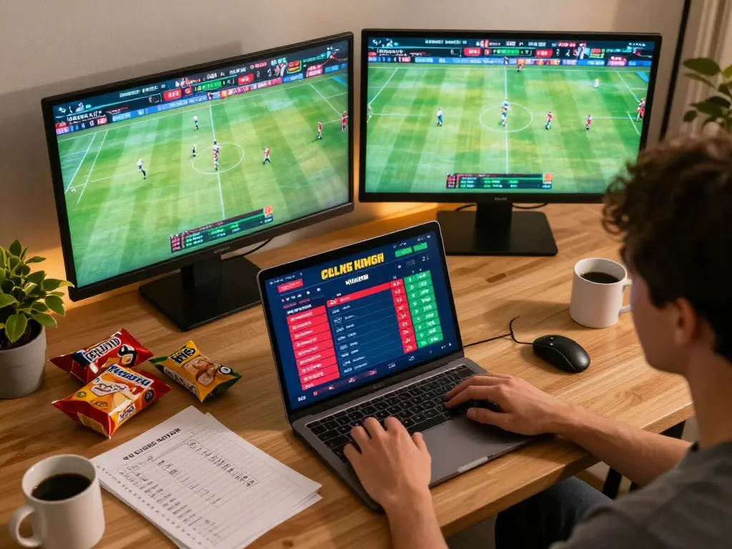 Engaging with live sports betting on kim66 platform from a cozy home setup, laptop showing thrilling odds.