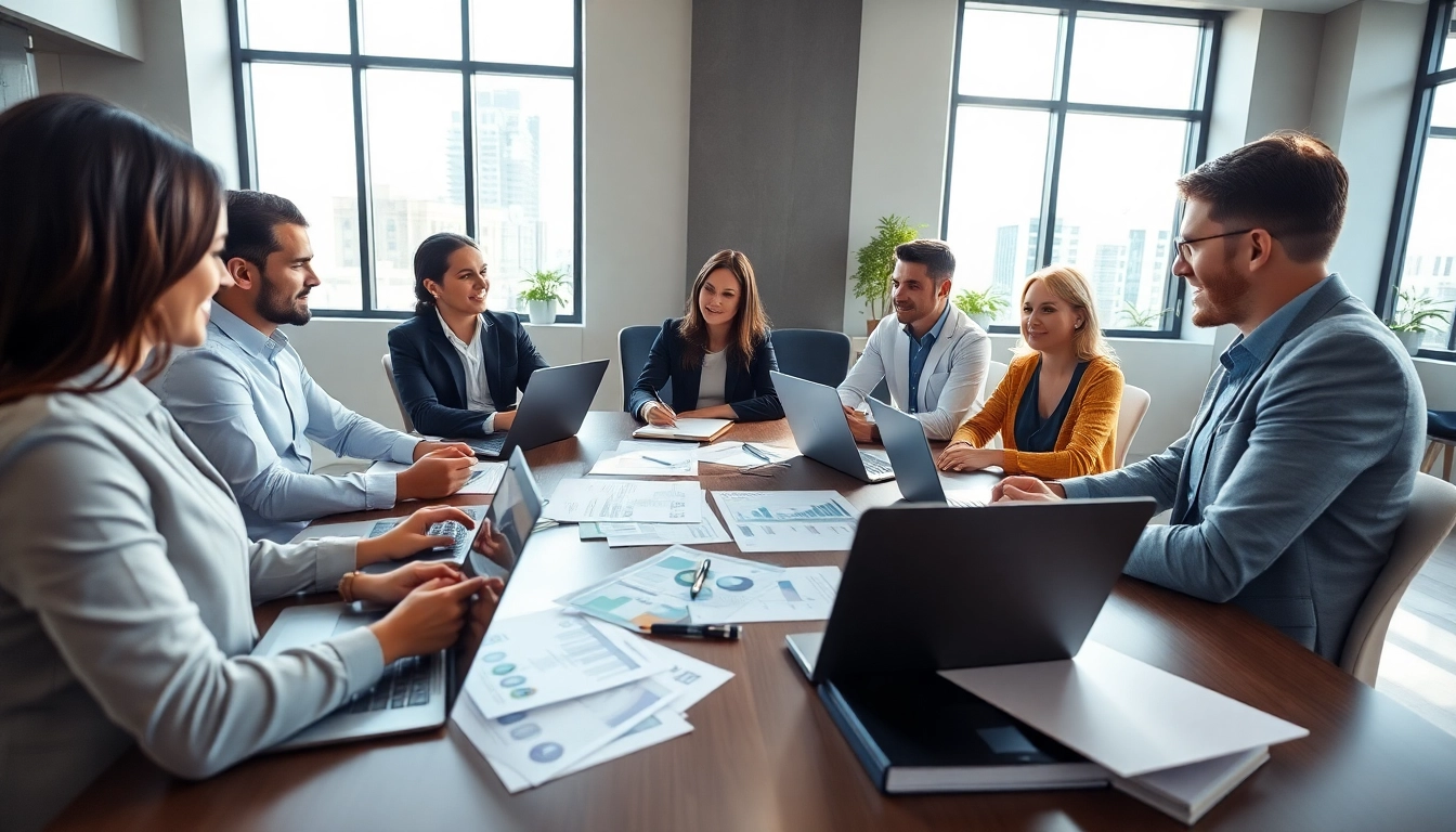 Set up a company in the US with business professionals collaborating in a modern office.