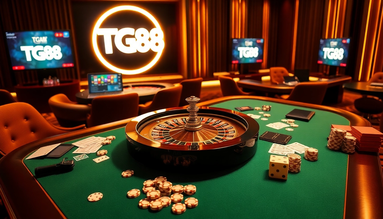 Experience TG88 excitement with a dynamic casino table filled with chips and cards.